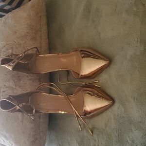 Lulu's rose gold high heeled lace up shoe, size 8.